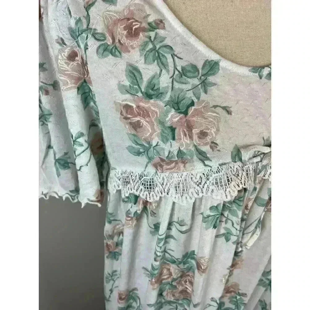 Vtg Barbizon Long Nightgown Short Sleeve Floral Ruffle Lace Cotton Blend M - Picture 4 of 14